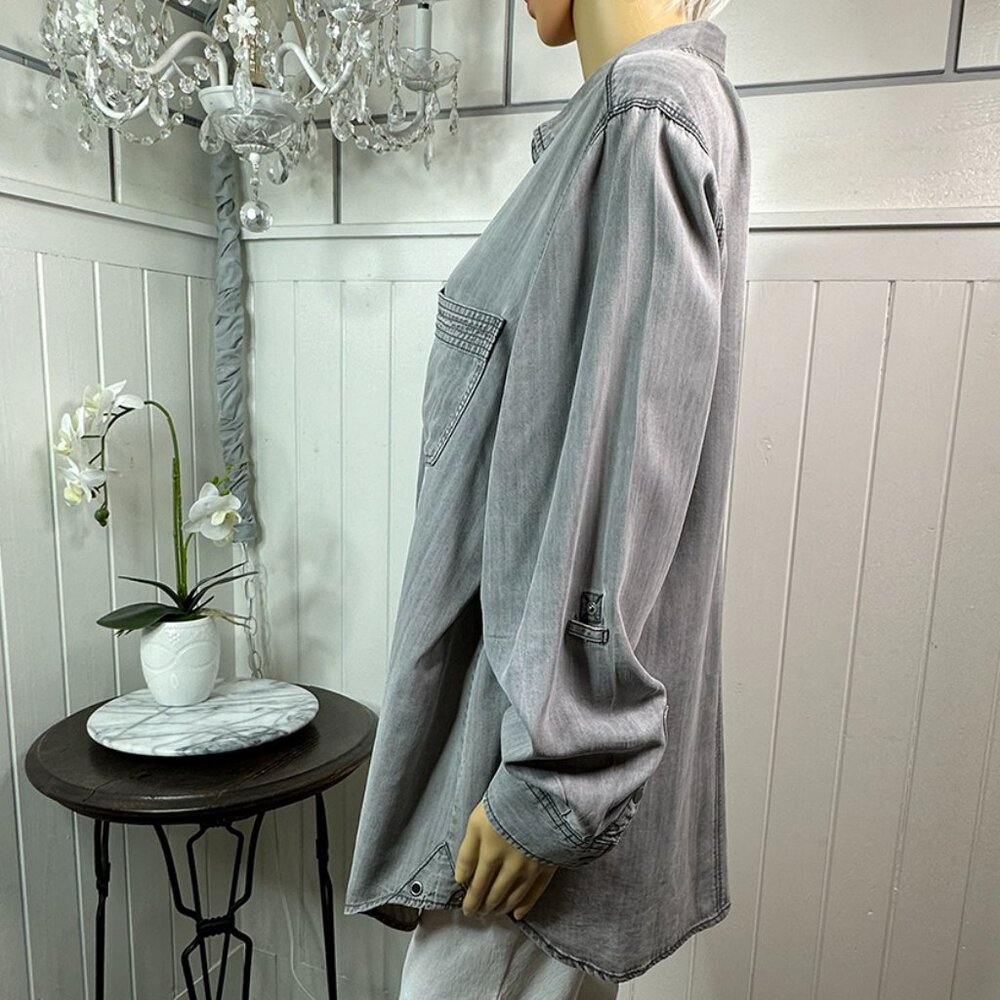 Snaps Collared Gray Comfy Blouse Decorative stitching Intro size 1X - Picture 6 of 11